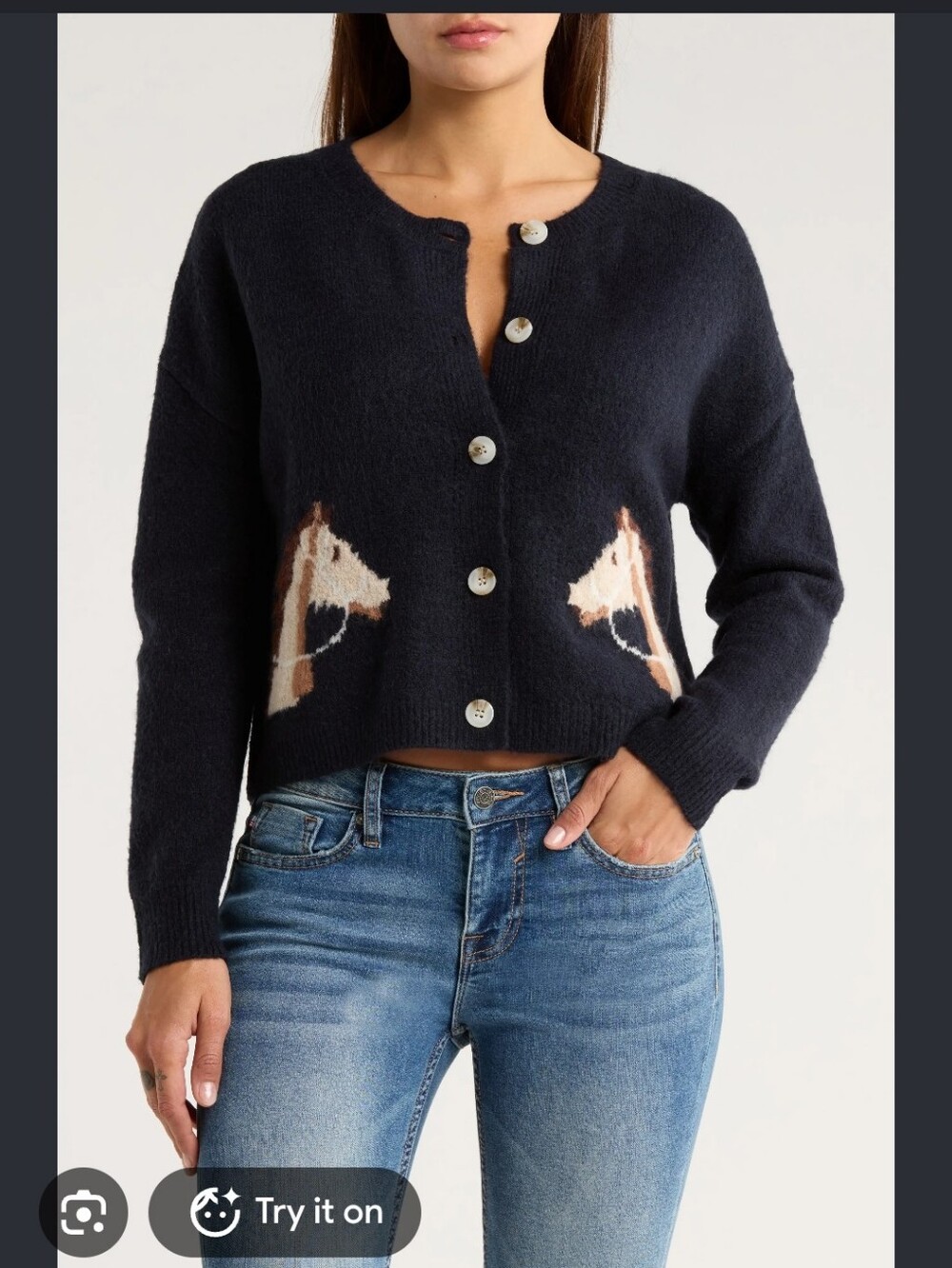 Vigoss Navy Horse Jacquard Cropped Cardigan, P2P 21